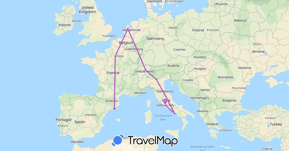 TravelMap itinerary: driving, train in Switzerland, Spain, France, Italy, Netherlands (Europe)